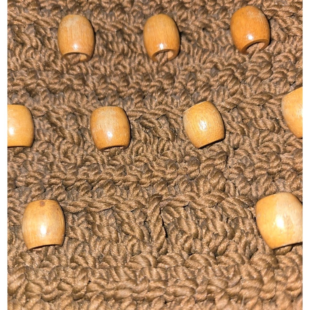 VINTAGE‎ Hand-made Brown Crocheted Macrame Purse Wooden Handles And Beads BOHO - Picture 3 of 10